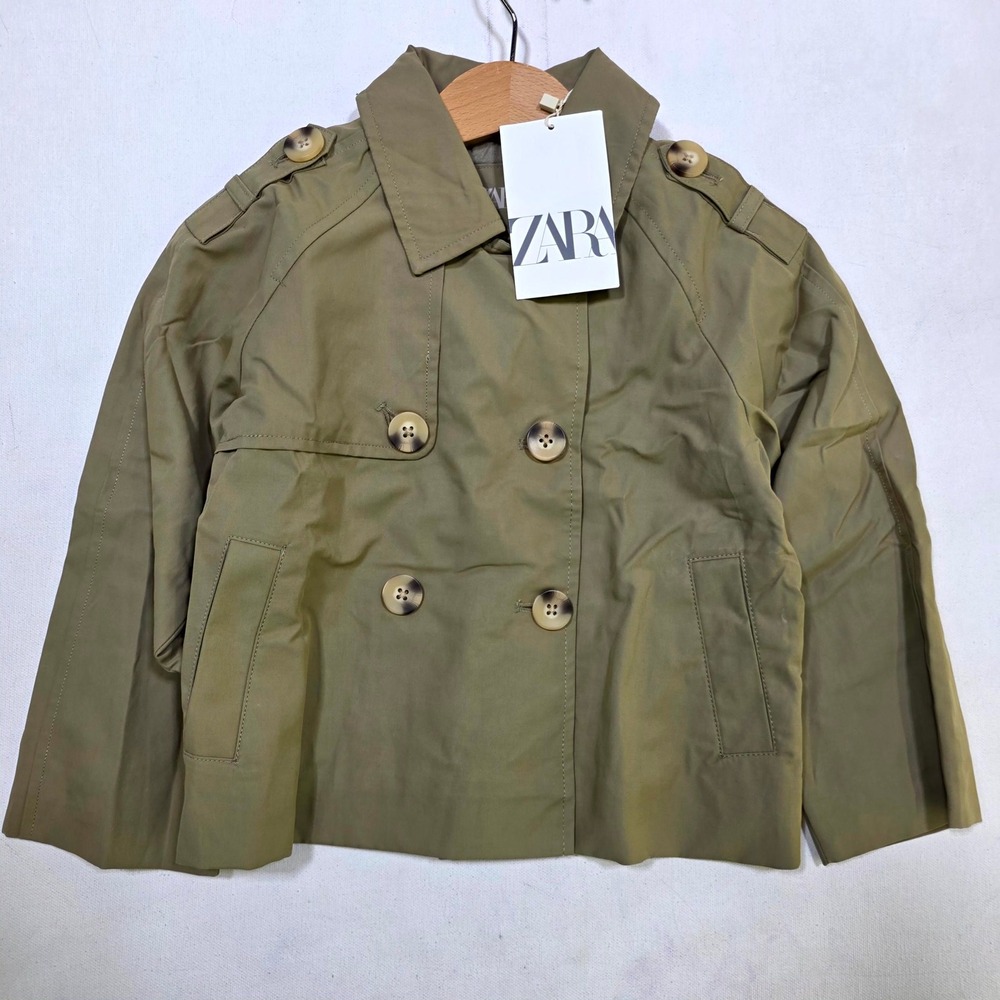 Zara Trench Coat 3-4 Olive Green Double Breasted Short Jacket 5854/556/505